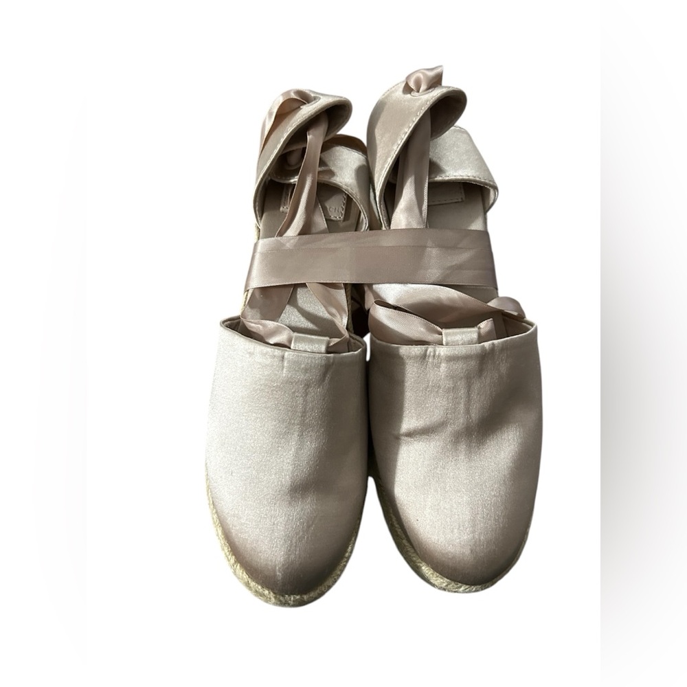 Tory Burch Blush Pink Satin Espadrille Wedge Sandals - Picture 2 of 6